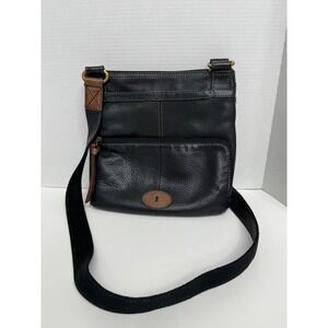 Fossil Black Pebbled Leather Crossbody Bag Brown Trim Utility Messenger Purse